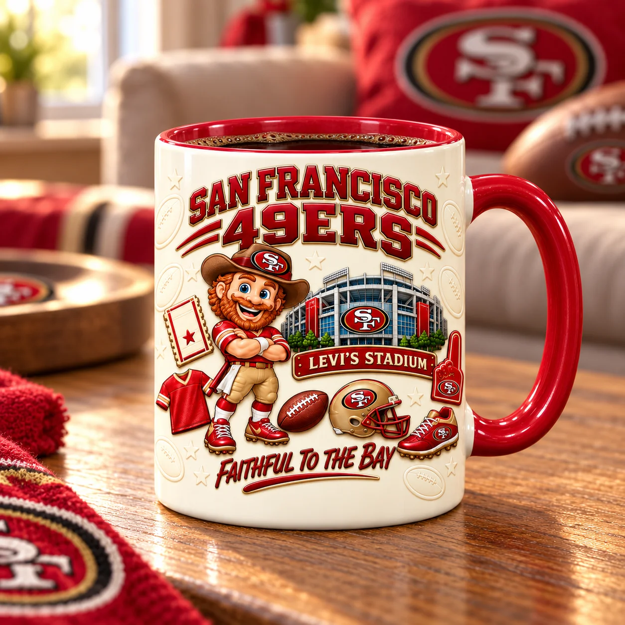 Niners game day mug filled with coffee on a living room table