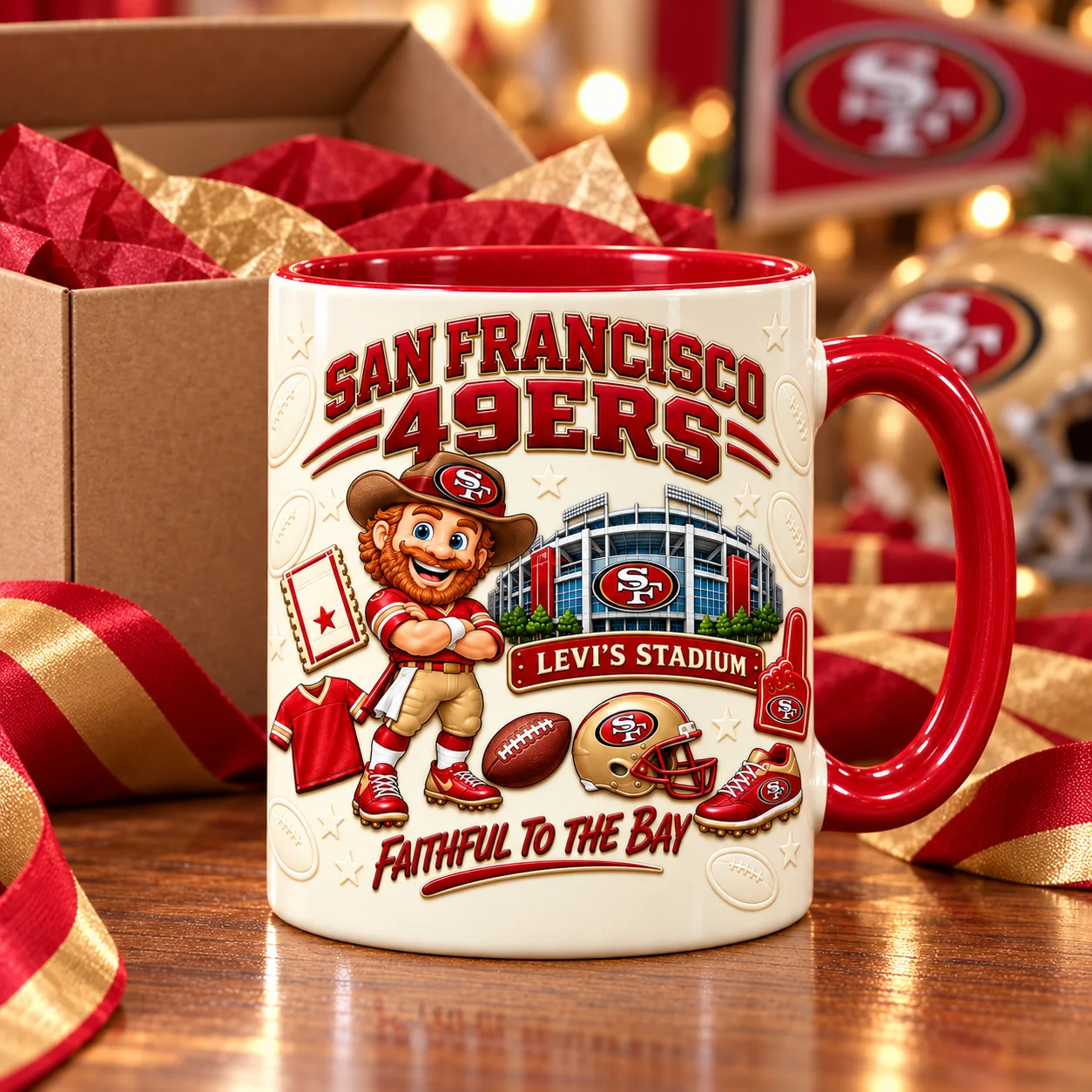 Niners game day mug beside an open gift box